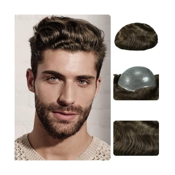 Zakya Toupet Cheveux Humains pour Homme, 0.08mm Peau Mince Postiche Taille de Base 20 * 25CM Léger Densité Moyenne Système de