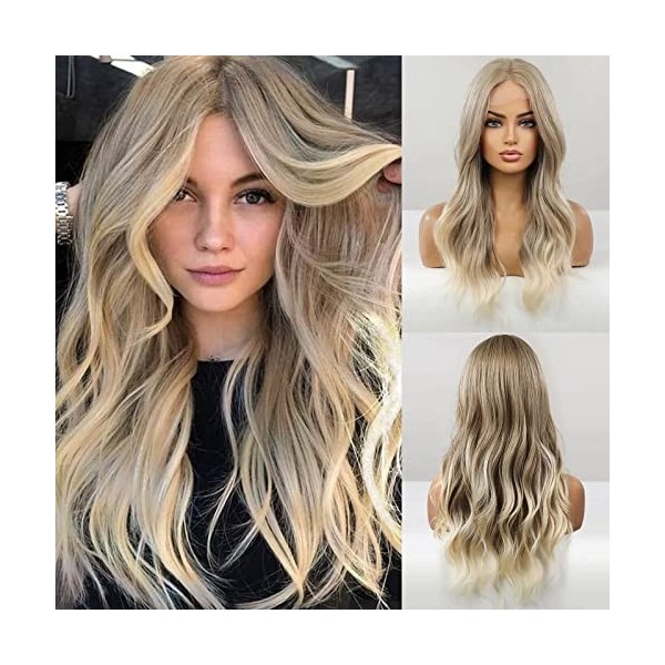 Perruque avant de lacet Ombre blonde cendrée longue perruque ondulée pour femme pour femme perruque de cheveux synthétiques o