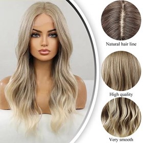 Perruque avant de lacet Ombre blonde cendrée longue perruque ondulée pour femme pour femme perruque de cheveux synthétiques o
