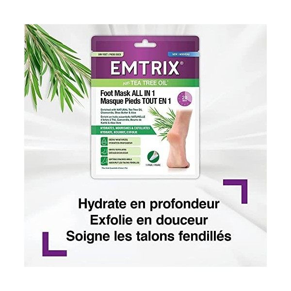 Emtrix Masque Pieds Tout en 1 - Hydrate, Nourrit & Exfolie en 20 min les Pieds Secs & Talons Fendillés - Avec Huile Essentiel