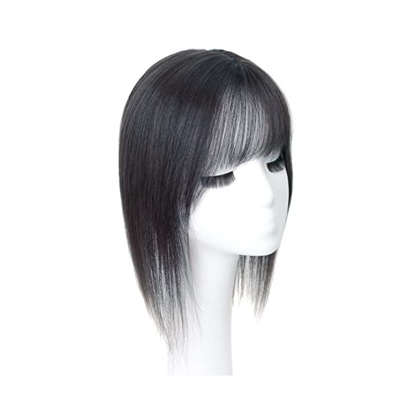 Partie centrale en soie - Cheveux humains - 7 x 10 cm - Cheveux raides - Avec frange Wispy - Noir - 30 cm