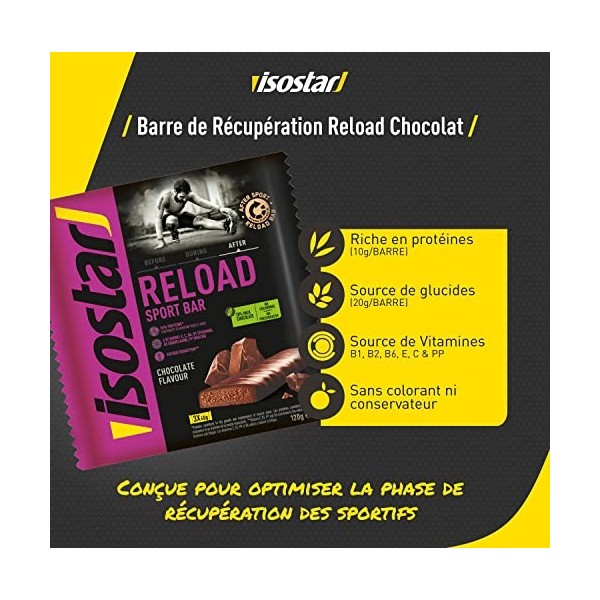 Isostar Reload Sport Bar Chocolat - Barres de Récupération Protéinées - Après lEffort - Encas Sain Sportif - Sans Colorant -