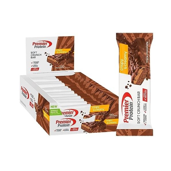 Premier Protein Soft Crunch Bar Triple Chocolate 12x45g - High Protein Low Sugar + Réduction des glucides + Sans huile de pal