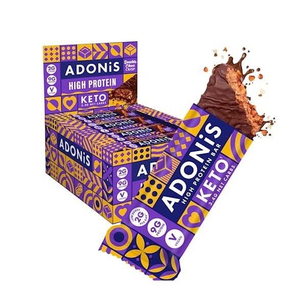 Barres Adonis Keto Riches en Protéines aux Noisettes Croquantes et Chocolat 16 Barres de 45g | Végétalien et Keto l 100% Na