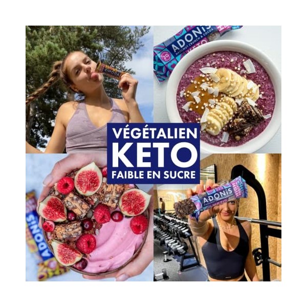 Barres Adonis Keto Riches en Protéines aux Noisettes Croquantes et Chocolat 16 Barres de 45g | Végétalien et Keto l 100% Na