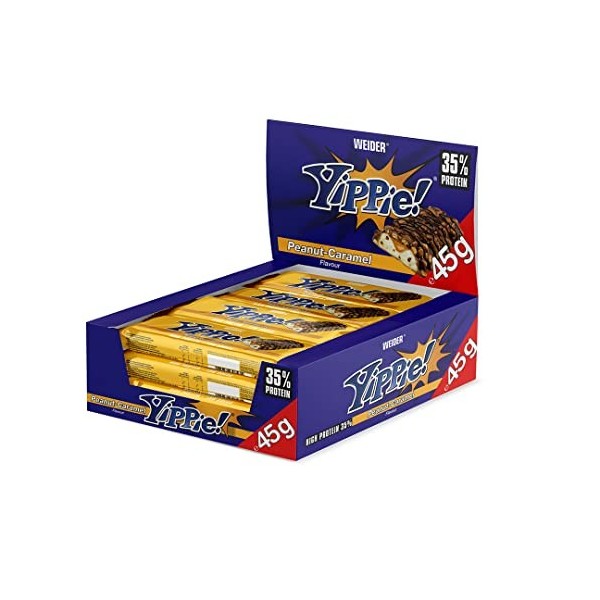 Weider Yippie ! Protein Bar, Peanut-Caramel, 12 barres x 45 g, faible teneur en glucides