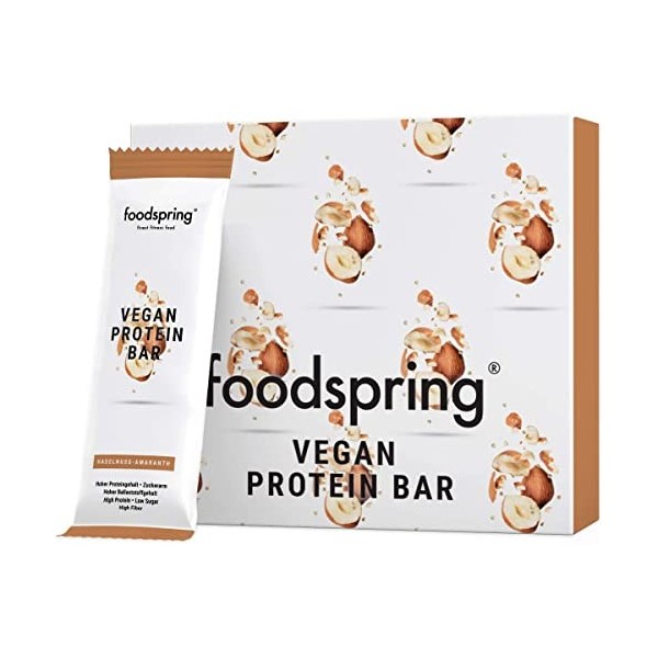 foodspring Protein Bar Vegan, Noisette-Amarante,12 x 60 g, Barre protéinée 100% végétale, sans arômes artificiels, riche en p