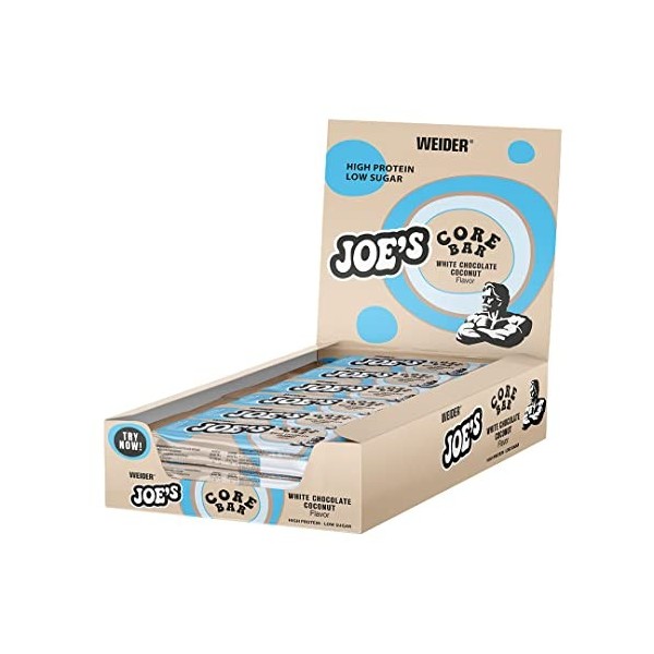 WEIDER Joes Core Bar, délicieuse barre protéinée au cœur moelleux enrobé de chocolat blanc, barre protéinée avec plus de 31%