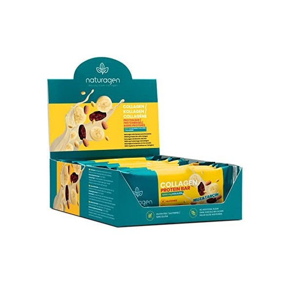 Naturagen Barre protéinée au collagène avec banane et cannelle - 12X35 gr - 5000 mg - 12 jours- Supplément de collagène - Ave