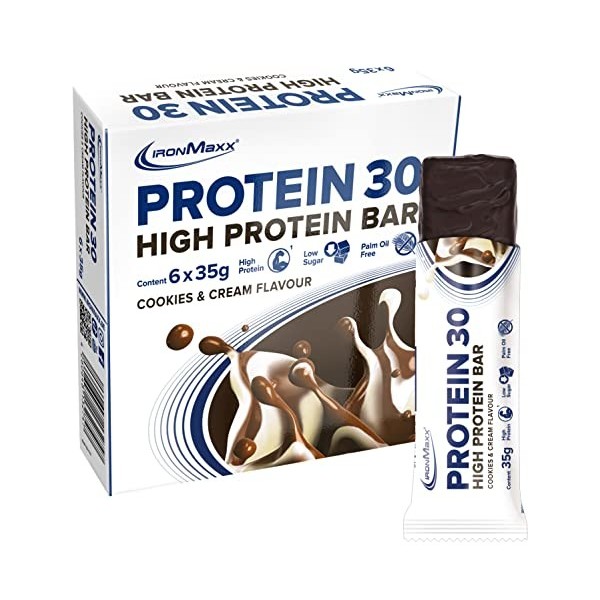 IronMaxx 30 Barre protéinée - Cookies & Cream 6 x 35g | barre protéinée sans huile de palme, sans gluten et vitaminée | convi