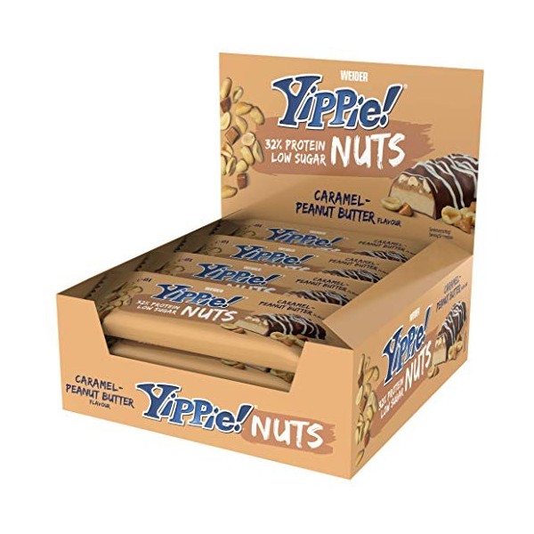 Weider Yippie ! Nuts Protein Bar, Caramel-Peanut Butter - 12 barres x 45 g, avec de vraies noix