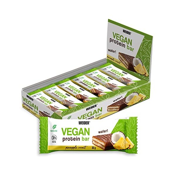 Weider Vegan Protein Bar, délicieuse barre gaufrée enrobée de chocolat, gaufrette croustillante, 100% vegan, sans huile de pa