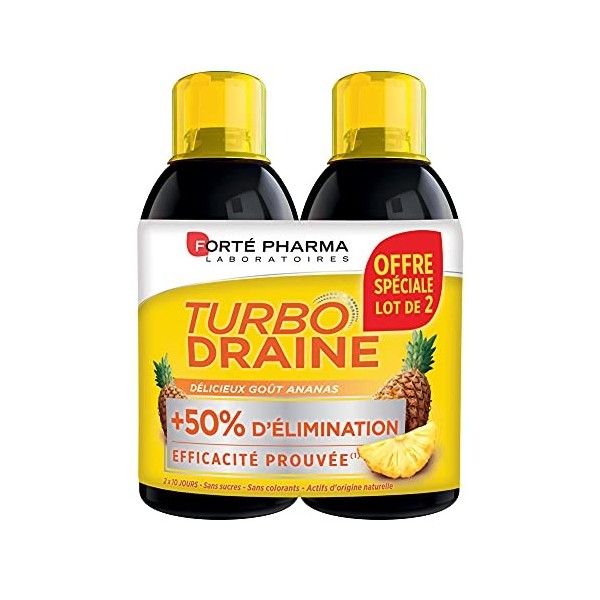 Forté Pharma - TurboDraine Ananas | Complément Alimentaire à base de thé vert - Elimination et drainage | Lot de 2 x 500 ml, 