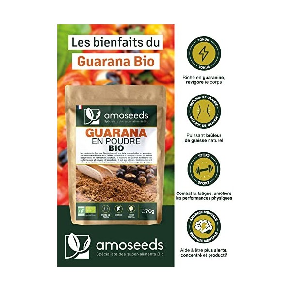 Guarana en Poudre Bio 70G | Contrôle du Poids, Énergie, Boost Mental | Qualité Supérieure