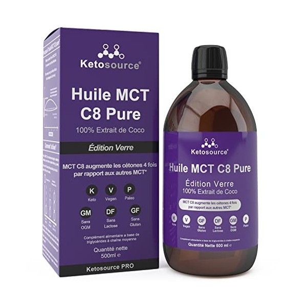 C8 MCT Huile Prime en Bouteille Verre |Produit 3 X Plus de Cétone Que DAutres Huiles MCT | Triglycérides DAcide Caprylique 