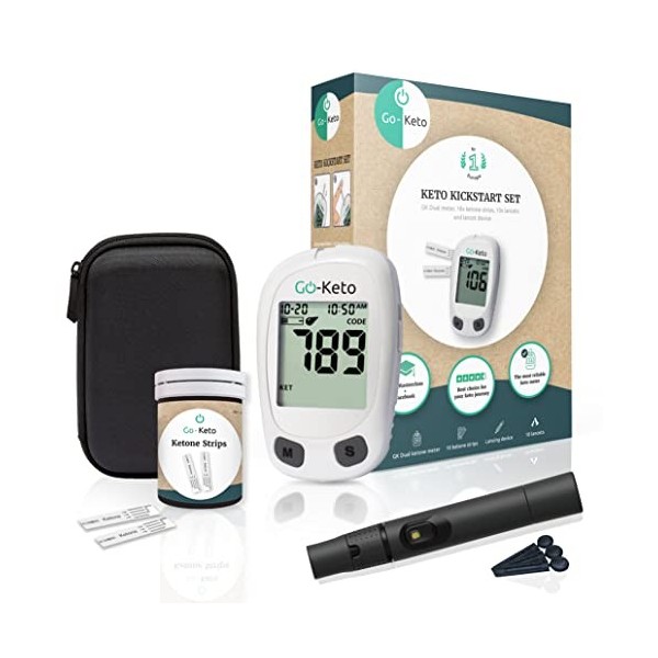 Go-Keto Kickstart Set mg/dl | Cétones Mesureur de sang, 10 bandelettes de test de cétone et autres accessoires | Ketone Check