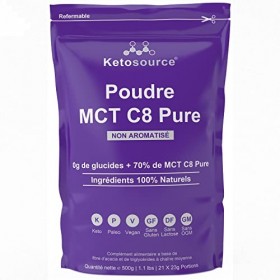 Poudre MCT C8 Pure pochette de 500 g | 0g de glucides nets | Charge dhuile C8 MCT pure à 70% | Tous les ingrédients nature