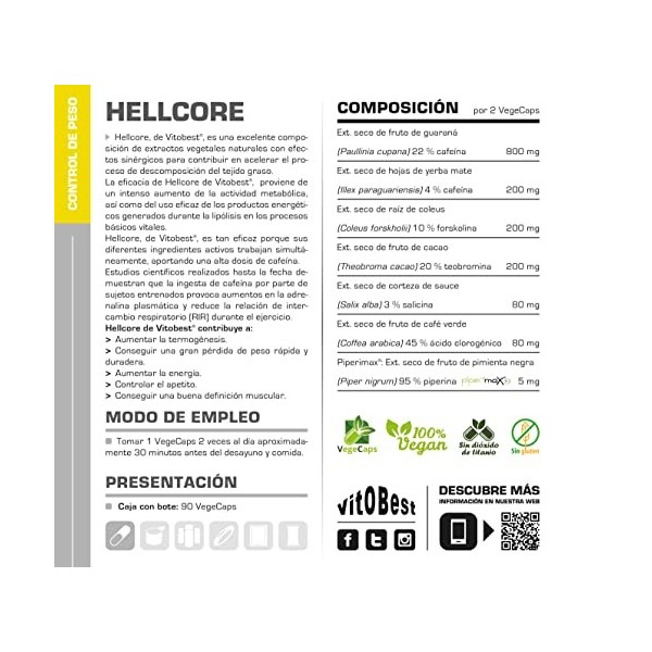 QUEMAGRASAS Hellcore - la qualité des produits Optima et puissant brûleur de graisse Minceur - VITOBEST N, 90 Caps 