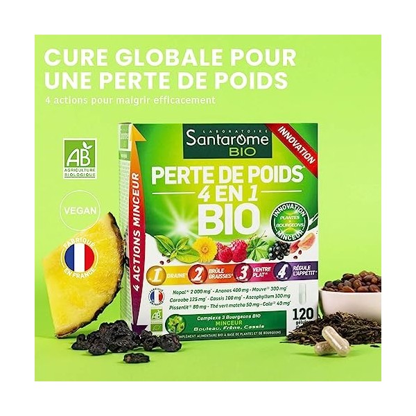 Santarome Bio - Perte de Poids 4 en 1 Bio | Complément Alimentaire Brûleur de Graisses | Cure Globale Minceur - A base de pla