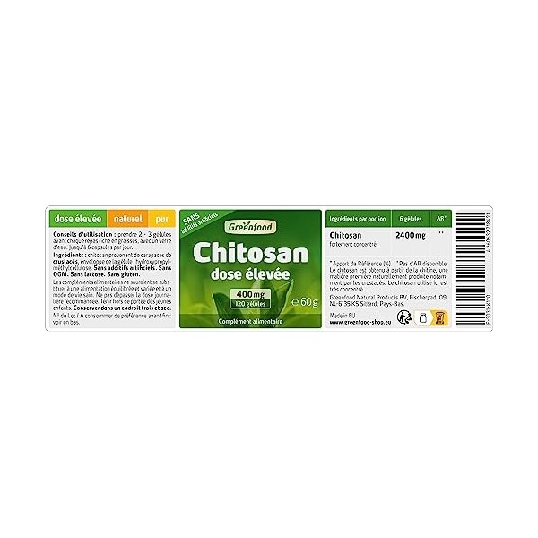 Greenfood Chitosan, 400 mg, dose élevée, 120 gélules - SANS additifs artificiels. Sans génie génétique.