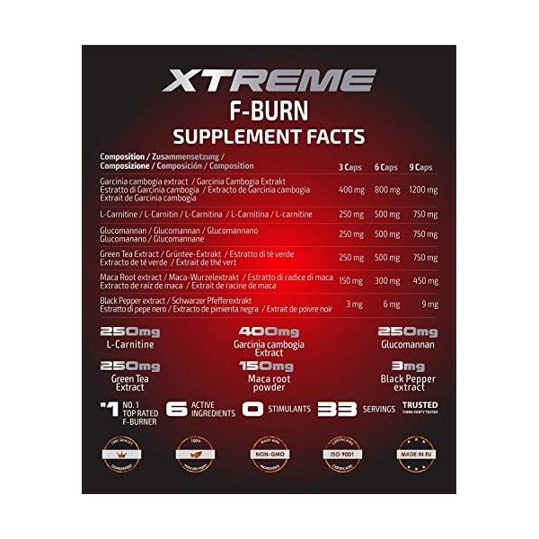 Xtreme F-Burn | Ingrédients 100% Naturels de Brûleur de Graisses | 100 Pilules de Perte de Poids Keto Vegan Maca & Garcinia P