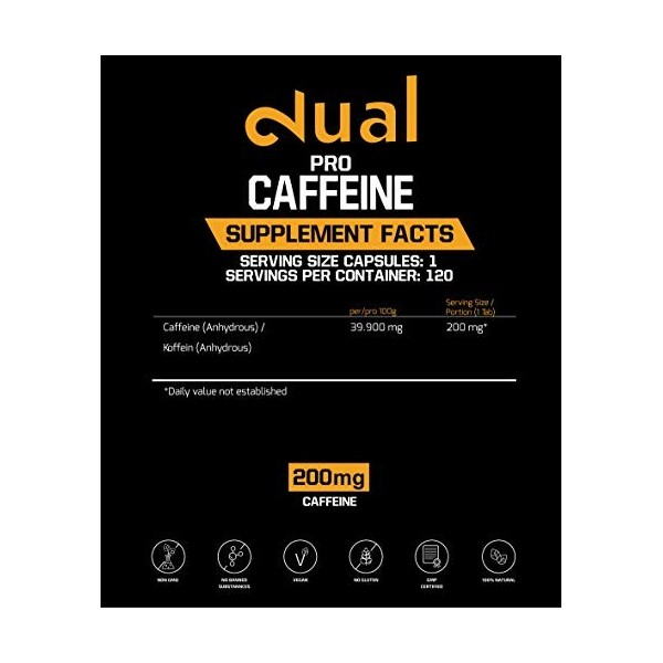 Dual Pro Caffeine|Caféine Pure|120 Capsules 100% Naturelles Végans|Sans Lactose ni Gluten|4 Mois dApprovisionnement|Pour Tou