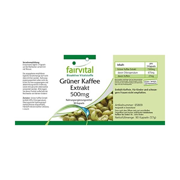 Fairvital | Extrait de café vert 500mg - pour un mois - VEGAN - Fortement dosé - 90 capsules - normalisé à 45% dacide chloro