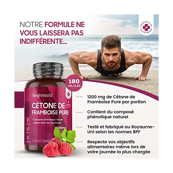 Cétone de Framboise Pure 1200 Mg 10:1 - 180 Gélules Vegan & Végétariennes 6 Mois - Avec Extrait de Framboise Pure & Puiss