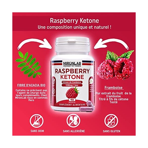 Cétone de Framboise - Raspberry Ketone Pure | Dosage élevé : 1200mg | Complément alimentaire minceur renforcé : fibre d’acaci