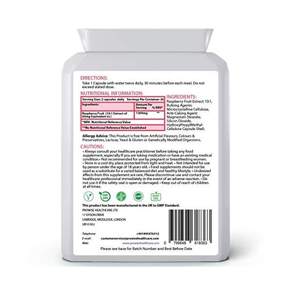 Cétones de Framboise 1200 mg - 60 Capsules 1 Mois dApprovisionnement | Suppléments de cétones végétaliens et végétariens à