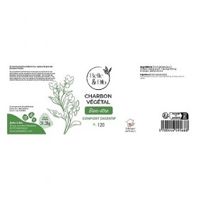 DIGESTION & MAUX DE VENTRE - 100% Charbon Végétal Activé - 120 gélules - Cure 1 mois - Complément Alimenaire BELLE&BIO - Fabr