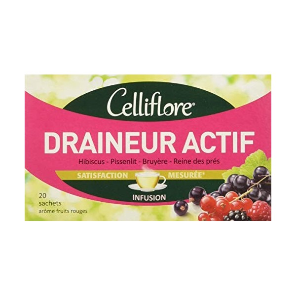 CELLIFLORE - Infusion Draineur Actif - A Base dHibiscus/Pissenlit/Bruyère/Reine des Près - 20 Sachets