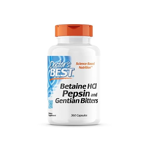 Doctors Best, Betaine HCI avec Pepsine et Gentiane Amère, 650 mg, 360 Capsules molles, Hautement Dosé, Testé en Laboratoire,