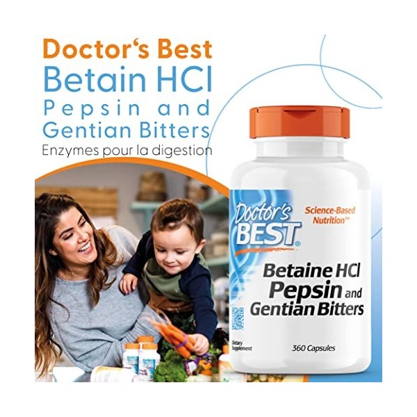 Doctors Best, Betaine HCI avec Pepsine et Gentiane Amère, 650 mg, 360 Capsules molles, Hautement Dosé, Testé en Laboratoire,