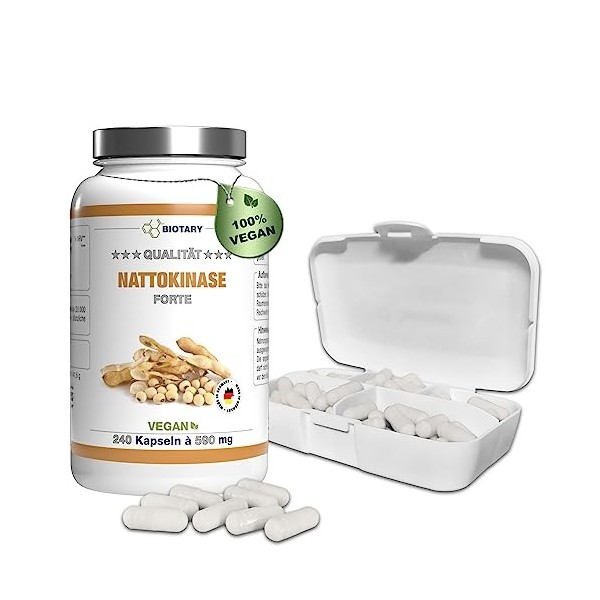Nattokinase 240 gélules de 100 mg 20 000 FU/g - 8 mois de stock - Boîte à pilules incluse - Hautement dosée - Testé en labo