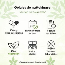 Nattokinase 240 gélules de 100 mg 20 000 FU/g - 8 mois de stock - Boîte à pilules incluse - Hautement dosée - Testé en labo
