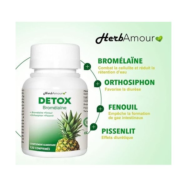 DETOX BROMÉLAÏNE | Puissant Et Efficace Drainant Et Diurétique Les 120 Comprimés Haut Dosage Avec Bromélaïne + Orthosiphon + 