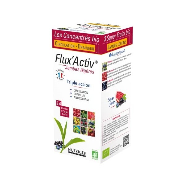 BOISSON CONCENTREE BIO JAMBES LÉGÈRES • FLUX’ACTIV • TRIPLE ACTION : CIRCULATION – DRAINEUR – ANTIOXYDANT • 14 Plantes & Supe