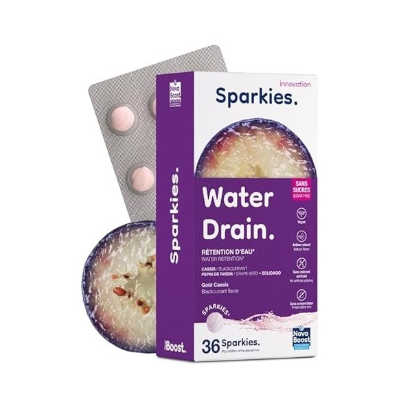 NovaBoost - Sparkies Water Drain - Diurétique/Rétention deau - Complément Alimentaire à boire - Pépins de raisin, Feuilles d