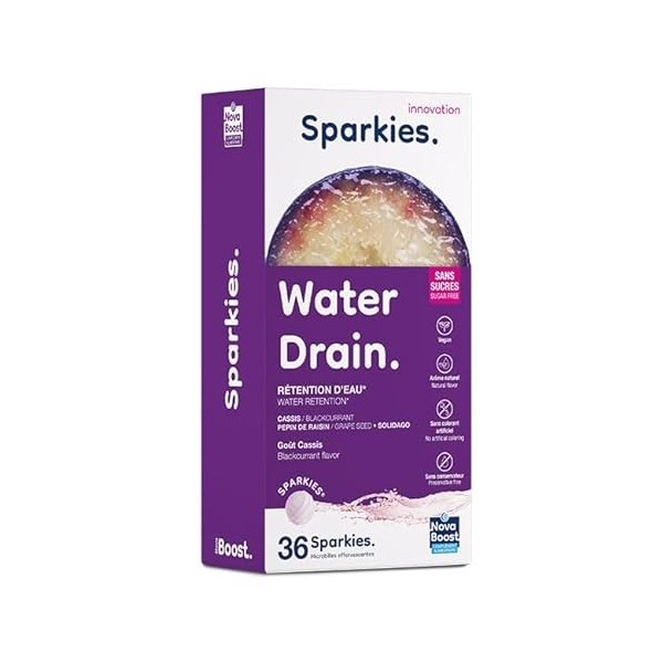 NovaBoost - Sparkies Water Drain - Diurétique/Rétention deau - Complément Alimentaire à boire - Pépins de raisin, Feuilles d