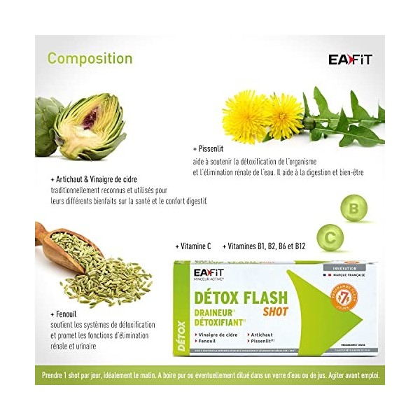 EAFIT MINCEUR ACTIVE | DETOX FLASH SHOT | Soutient la détoxification de lorganisme et lélimination de leau | Vinaigre de c