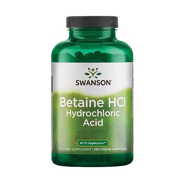 Swanson, Betain HCl with VegPeptase, Chlorhydrate de Bétaïne avec Pepsine , 250 Capsules, Hautement Dosé, Testé en Laboratoi