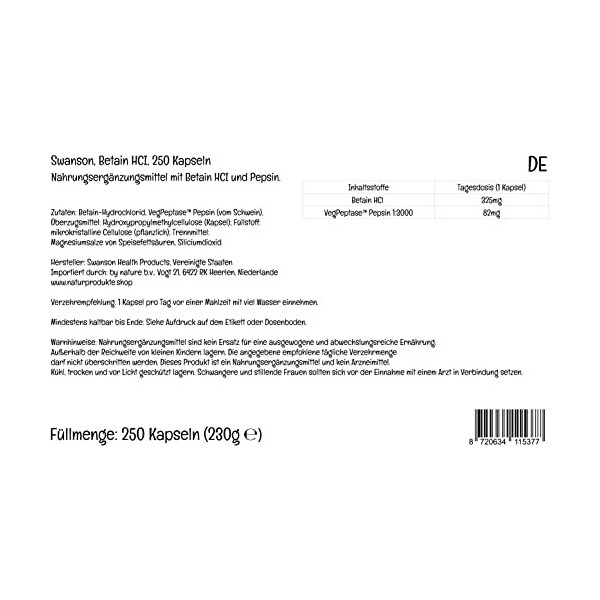 Swanson, Betain HCl with VegPeptase, Chlorhydrate de Bétaïne avec Pepsine , 250 Capsules, Hautement Dosé, Testé en Laboratoi