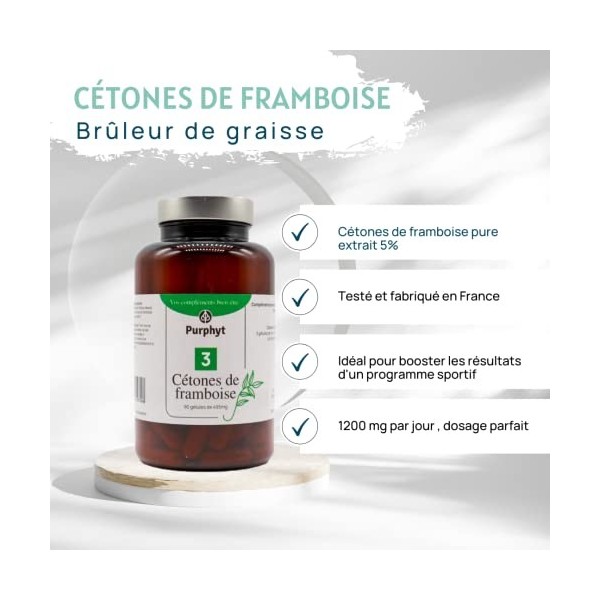 Cétones de Framboise - 90 gélules 495mg - Detox, Drainant, Diurétique - Brûleur de graisse Naturel - Fabrication française ce