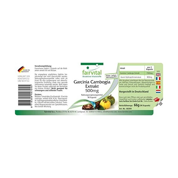 Fairvital | Garcinia Gambogia 500mg - Extrait extra fort- VEGAN - normalisé à 60% HCA - 90 gélules