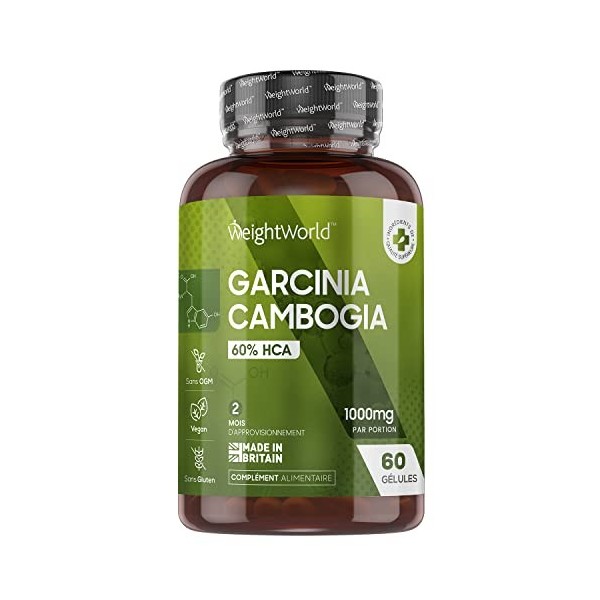 Garcinia Cambogia Extrait 60% HCA - 60 Gélules Vegan 1000mg/ Jour 2 Mois - Garcinia Cambogia Extra Fort Riche en Acide Hydr