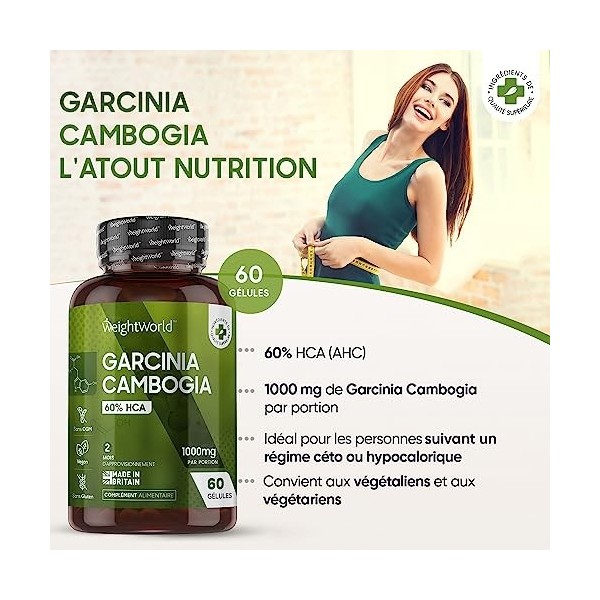 Garcinia Cambogia Extrait 60% HCA - 60 Gélules Vegan 1000mg/ Jour 2 Mois - Garcinia Cambogia Extra Fort Riche en Acide Hydr