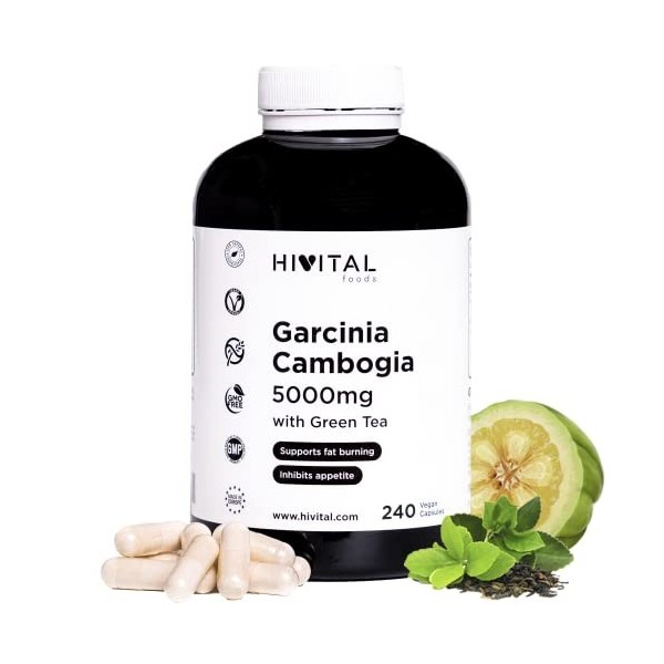 Garcinia Cambogia 5000 mg. 240 gélules végétaliennes pour 4 mois. Garcinia naturel 60% HCA avec du Thé Vert naturel. Puissant