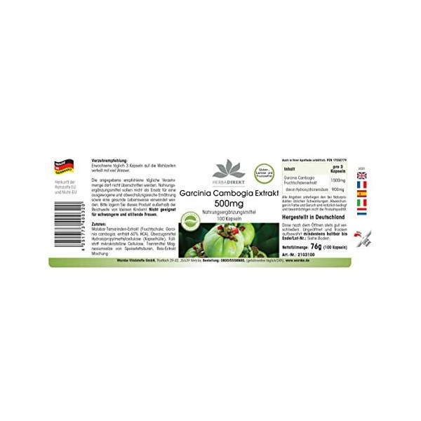 Extrait de Garcinia Cambogia 500mg - 100 gélules - standardisé à 60% dHCA - hautement dosé - végan | HERBADIREKT by Warnke V