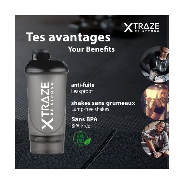 xtraze Shaker Proteine 500 ml avec Compartiment à Poudre 150 ml - Idéal Mixer de Fitness - Tamis pour Boissons Protéinées Cré